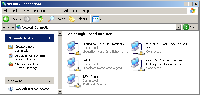 Адаптеры VirtualBox в списке сетевого окружения Windows XP